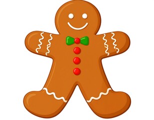 Vector graphic of a smiling, decorative gingerbread man with a green bow tie and red buttons
