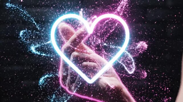P24-Neon finger heart sign.finger heart hand gesture with glowing neon effect symbolizing love and affe 4K 10s