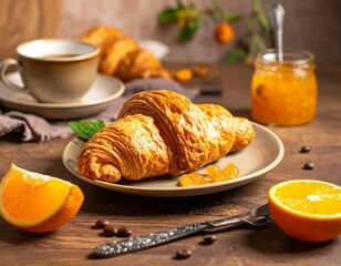 Breakfast scene with fresh croissants, coffee, and orange jam