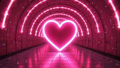 Pink neon heart glows inside futuristic tunnel with circular lights. Modern love and technology concept. Abstract romance, bright illumination.
