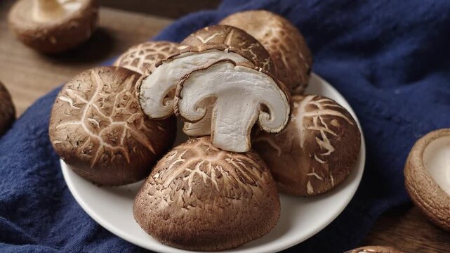 Shiitake mushrooms (Lentinus edodes) on wooden table.
