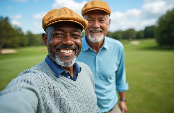 Two smiling men, one Black and one White, wear caps and sweaters, taking a selfie on a sunny golf course. They appear happy and friendly, enjoying a day of recreation together outdoors. - Powered by Adobe