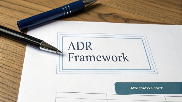 Detailed Document Explaining Alternative Dispute Resolution Framework on Wooden Table with Pens in Background
