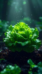 Close-up of a vibrant lettuce head growing in rich, dark soil
