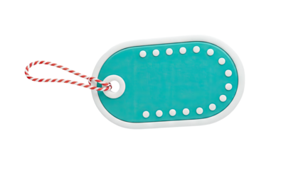 3D Blank Teal Tag with Red and White String on transparent background