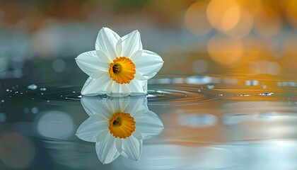 Close-up of a white and yellow flower floating on a calm water surface