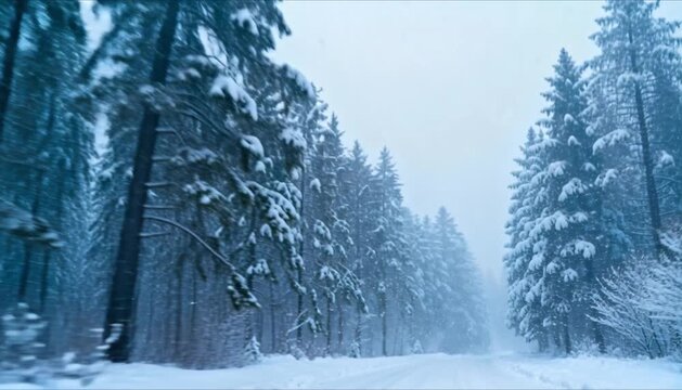 snowy forest landscape with tall pine trees and gentle snowfall slow forward camera motion perfect for winter solstice and world snow day