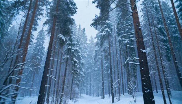 snowy forest landscape with tall pine trees and gentle snowfall slow forward camera motion perfect for winter solstice and world snow day