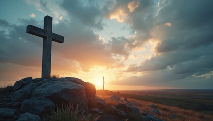 Wooden cross stands on rocky hill at sunset. Sky is dramatic with clouds and sunbeams. Distant cross hints at resurrection hope, faith, and religious significance.