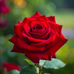 Close-up of a vibrant red rose in full bloom, lush green background