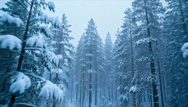 snowy forest landscape with tall pine trees and gentle snowfall slow forward camera motion perfect for winter solstice and world snow day