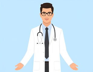 Vector illustration of a male doctor wearing glasses, lab coat, with stethoscope