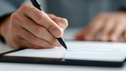 A man writing on a digital tablet with a black stylus pen, close-animated movie of hand and device, modern technology, detailed view