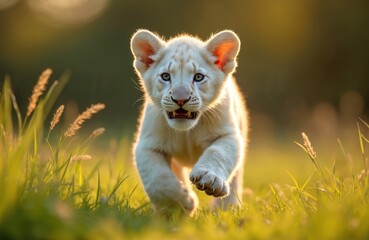 Obraz premium Rare white lion cub runs through green grass field at sunset. Young big cat cub light fur, blue eyes, playful expression, looking at camera. Golden hour light illuminates wild animal cub exploring