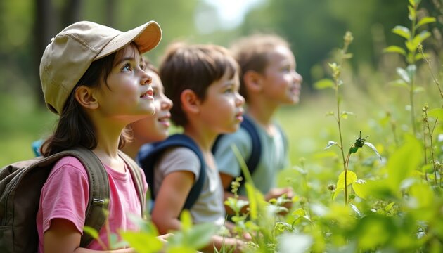 Children with backpacks observe a butterfly perched on a plant stem. Young explorers focus intently on nature during an outdoor learning adventure. Kids discover the wild.