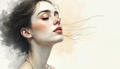 Minimalist portrait of a woman with closed eyes. Abstract art features simple lines and a watercolor wash effect. Style conveys calmness and introspection. Female face profile, beauty concept.
