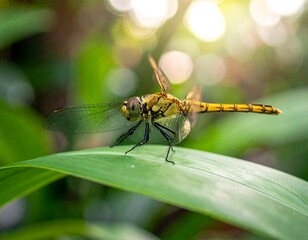 Close-up of a yellow and black dragonfly perched on a green leaf