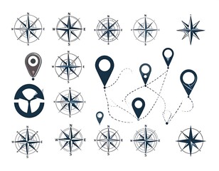 Vector illustration of various compass designs and location markers against a white backdrop