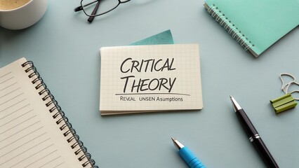 Creative workspace with notepad, glasses, coffee cup, stationery items, and the term Critical Theory promoting awareness of unseen assumptions