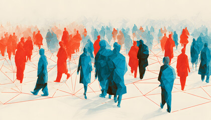 Obraz premium Human connections with blue figures and red linking lines, symbolizing networking and interaction.