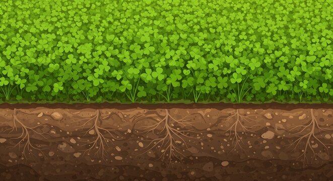 Healthy Green Clover Field with Visible Roots and Soil in Cross Section