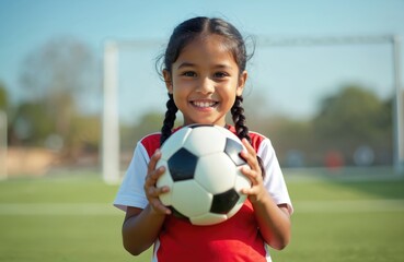 Young Indian girl with braided hair smiles holding soccer ball on field. She wears a red and white jersey ready for football game. Child looks happy and excited about sports training.