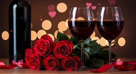 Romantic Valentine's Day setup with red wine, glasses, roses, and bokeh lights wine glasses red roses