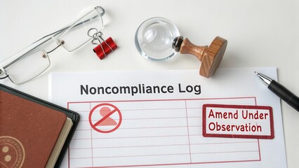 Detailed Noncompliance Log for Tracking Observations and Amendments with Magnifying Glass and Pen on a Desk Surface