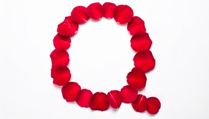 Obraz premium Red Rose Petals Form the Letter Q on a White Background.