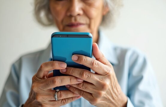 Asian elderly woman looks at smartphone screen with concern. Senior woman uses mobile device, worries about online scam, phishing attempt, cyber threat. Navigates digital world with apprehension.