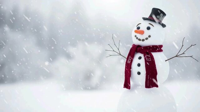 Happy Snowman Standing in a Winter Wonderland with Falling Snow.
