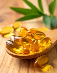 Close-up of capsules in a wooden spoon with green leaves