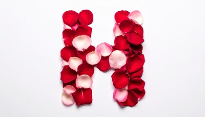 Letter H formed from red and pink rose petals on a white background.