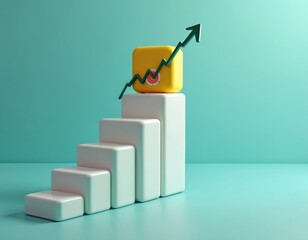 White steps lead up to yellow cube with red target icon and green arrow graph indicating progress. Concept of financial growth success reaching goals, business development, and achieving targets.