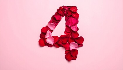 Number Four Made of Red Rose Petals on Pink Background.