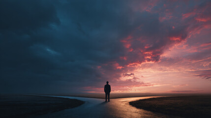 A person standing at a crossroads on a winding path during a vibrant sunset, with dramatic dark and pink cloud formations in the sky