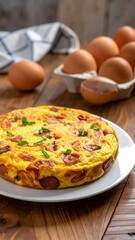 Close-up of baked egg and sausage dish on white plate