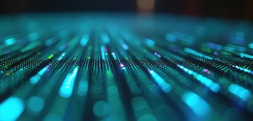 Abstract glowing blue digital grid with streaks of light motion. Close up of illuminated dots creating a blurred background, representing data flow and cyberspace.