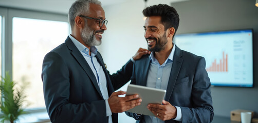Two businessmen review data on a tablet computer. Smiling men in suits collaborate in office setting. One man places hand on other shoulder. Screen shows graph.
