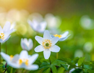 Close-up of delicate white wildflowers with yellow centers