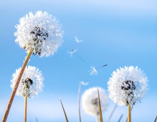 Close-up of dandelions blowing seeds in a bright blue sky