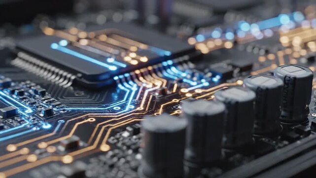 Closeup Circuit Board with Microchip and Capacitors.
