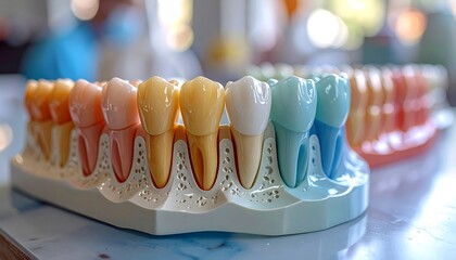 Close-up of dental model, colorful teeth with roots and gums