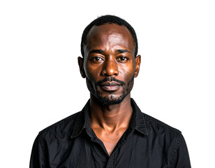 Man in dark collared shirt, serious expression, dark skin
