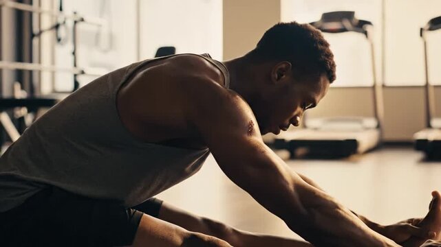 Determined young man stretching hamstrings in a bright gym, focusing on flexibility and fitness for a healthy lifestyle