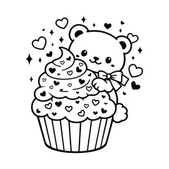 Cute Kawaii Bear on Valentine's Cupcake with Hearts - Sweet Dessert Coloring Page for Kids Line Art