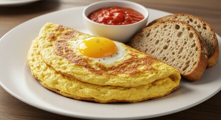 Savory omelet with toast and a side of tomato sauce