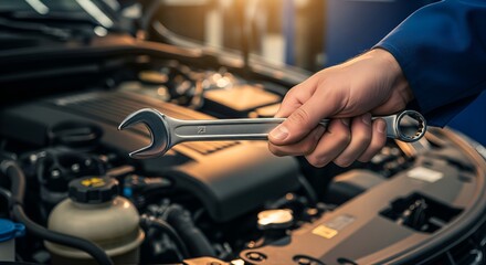 Professional Mechanic's Hand Holding Wrench Over Car Engine