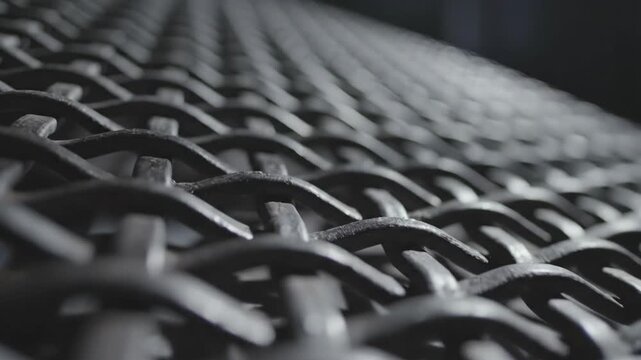 Closeup of black metal chain link mesh.