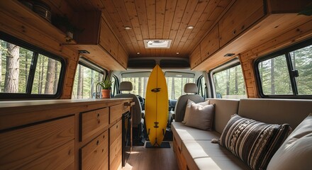 Cozy Wooden Camper Van Interior with Surfboard